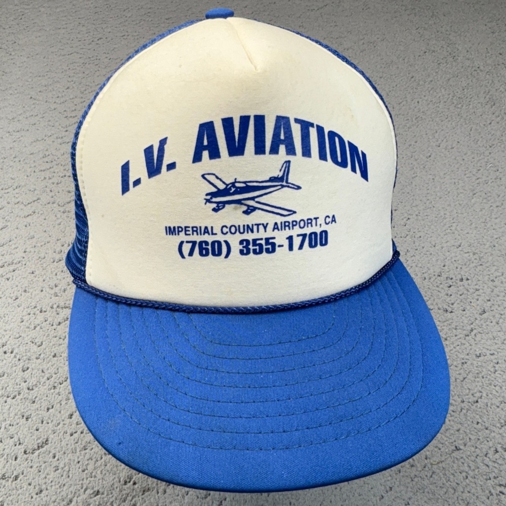 Vintage LV Aviation Hat Cap Snap Back Mens Blue White Trucker Airport Pilot 80s
